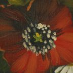 Bloemen Stilleven Schilderij Margrieten Klaproos Gesigneerd 47x38cm thumbnail 3