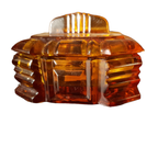 Glazen Doosje Met Deksel Art Deco Stijl Amberkleurig Tsjechisch Glas thumbnail 4