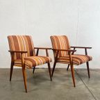 Tweetal Vintage Houten Fauteuils Met Gestreepte Stof, 1970’s thumbnail 2