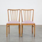 Leuke Set Van 2 Vintage Jaren '70 Eetkamerstoelen Met Gespijlde Rugleuning En Stoffen Zitting thumbnail 2