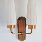 Vintage Wandlamp Deens Teak Hout Messing Melkglas ‘60 thumbnail 2