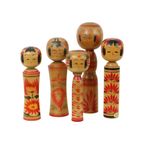 Lot Van 5 Grote Kokeshi Poppen Naruko Handgeschilderd Hout Japan thumbnail 2