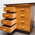 Groot Vintage Dubbelzijdig Bureau Eiken thumbnail 6