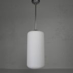 Vintage Hanglamp Met Cilindervormige Wit Glazen Kap, Jaren 50 thumbnail 5