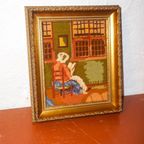 Vintage Framed Needlepoint * Antique Tapestry Of Woman Reading * Frame Embroidery Wall Art thumbnail 3