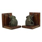 Vintage Koppel Boekensteunen Olifant Gepatineerd Brons Hout Leder thumbnail 13