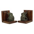 Vintage Koppel Boekensteunen Olifant Gepatineerd Brons Hout Leder thumbnail 3