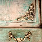 Shabby Chic Kast/Vintage Look Dekenkist In Old White En Turquoise thumbnail 10