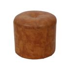 Ronde Vintage Houten Poef Bruin Skai Leder Patchwork Sixties thumbnail 2