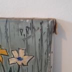 50's Abstrakt Vintage Schilderij Kunstwerk Vaas Met Bloemen thumbnail 5