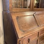 2Delig Antiek Engels Eiken Secretaire Met Boeken Opstand thumbnail 7