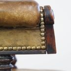 Antieke Engelse Rundleren Fauteuil/ Bureaustoel Gecombineerd Met Hout Op Originele Wieltjes Met E thumbnail 12