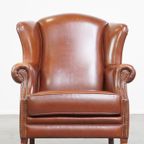 Correcte, Comfortabele, Luxe Engelse Stijl Oorfauteuil Gemaakt Van Cognac Kleurig Rundleer thumbnail 3