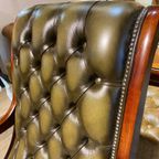 Engelse Chesterfield Fauteuil In Nieuwstaat Victorian Antiek Groen Leer thumbnail 3