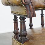 Antieke Engelse Rundleren Fauteuil/ Bureaustoel Gecombineerd Met Hout Op Originele Wieltjes Met E thumbnail 8
