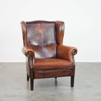 Grote, Zeer Comfortabele Vintage Schapenleren Oorfauteuil Met Een Mooie Diepe Kleurencombinatie thumbnail 2