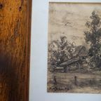 Antique Dutch Countryside Landscape Drawing By P. Schmidt * 1920S * Framed * Original Sketch thumbnail 5