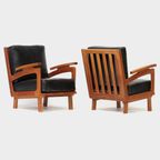 Vintage Lounge Fauteuils Met Eiken Frame En Zwart Leer, 1960s thumbnail 3