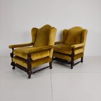 Paar 19e-eeuwse Gesneden Notenhouten Fauteuils – Bloemmotieven – Fluwelen Bekleding thumbnail 8