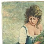 Vintage Schilderij Vrouw Bloemenpluk Acrylverf Op Doek Gesigneerd thumbnail 5
