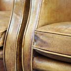 Prachtige Set Leren Fauteuils/ Armchairs In Lichte Cognac Kleur, Engelse Stijl thumbnail 11