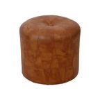 Ronde Vintage Houten Poef Bruin Skai Leder Patchwork Sixties thumbnail 3