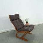 Bruin Leren Fauteuil Met Houten Onderstel Vintage Stoel thumbnail 4