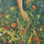 Vintage Schilderij Vrouw Bloemenpluk Acrylverf Op Doek Gesigneerd thumbnail 13