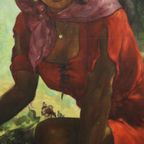 Groot Schilderij Zigeunerin Jonge Vrouw Olieverf Op Doek 1964 thumbnail 3