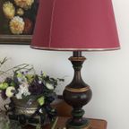 Zeldzame Vintage Houten Voet Tafellamp In Bruin, Goud En Groen thumbnail 9