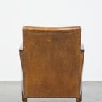 Unieke En Tijdloze Cognac-kleurige Schapenleren En Houten Art Deco Design Fauteuil thumbnail 6