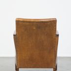 Unieke En Tijdloze Cognac-Kleurige Schapenleren En Houten Art Deco Design Fauteuil thumbnail 5