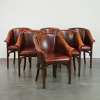 Set Van 6 Engelse Rundleren Eetkamerstoelen/ Tubchairs In Een Luxe Rode Chesterfield Kleur thumbnail 2