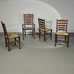 Set Of 4 Oak, Rustic, Farmhouse, Ladderback Dining Chairs With Rush Seats 1960s thumbnail 4