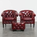 Set Van 2 Rood Gevlamde Rundleren Chesterfield Clubfauteuils En Een Mooie Bijpassende Bijzettafel thumbnail 12