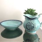 Prachtige Vintage Japanse Melkkannetje Met Schotel In Blauw Turquoise thumbnail 2