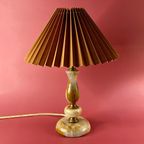 Prachtige Vintage Onyx En Messing Lamp Met Nieuw Bruin Plissé Kapje | Kerst thumbnail 3