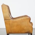 Comfortabele En Cognac-Kleurige Vintage Schapenleren Fauteuil Met Een Hoge Rug thumbnail 4