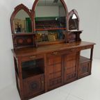 Zeldzaam 19e-eeuws Engels Arts & Crafts Eikenhouten Dressoir Van Pratt & Prince – Inlegwerk Met Zonnebloemmotie thumbnail 15