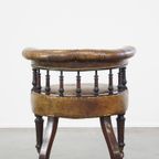 Antieke Engelse Rundleren Fauteuil/ Bureaustoel Gecombineerd Met Hout Op Originele Wieltjes Met E thumbnail 5