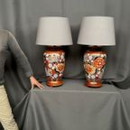 Paar Grote Tafellampen. Beschilderd Porselein. Hoogte 80 Cm. thumbnail 3