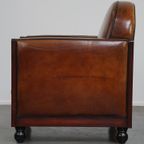 Schapenleren Artdeco Design Fauteuil Afgewerkt Met Hout En Geweldig Cognac Kleurig Leer thumbnail 6