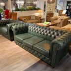 Gave Chesterfield Bankstel 3+2 Zits Bank In Antiek Groen Leer Brand thumbnail 2