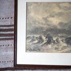 Antique Dutch Seascape Landscape Drawing By Pie Schmidt * 1920S * Framed thumbnail 10