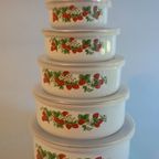 Vintage Strawberry Enamel Food Storage Bowls Containers With Plastic Lid Stackable thumbnail 2