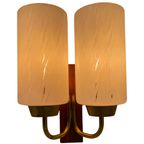 Vintage - Mcm - Wall Mounted Lamp / Sconce With Two Bulbs - Glass, Brass And Teak Wood thumbnail 4