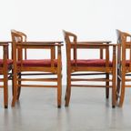 Set Van 4 Art Nouveau/ Jugendstil Design Schuitema Eetkamerstoelen Met Rode Stoffen Bekleding thumbnail 4