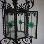 Antieke Smeedijzeren En Glas-In-Lood Lantaarn Hallamp, Frankrijk 1900 thumbnail 7