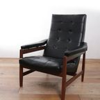 Strakke Vintage Design Fauteuil Zwarte Skai En Teakhout Jaren 60 thumbnail 17