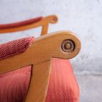 Pair Of Red Fabric And Wooden Club Chairs With Soft Lined Design. thumbnail 7